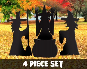 Witch Silhouette Lawn Decor, Halloween Outdoor Sign, 4 Piece Set, Corrugated Plastic