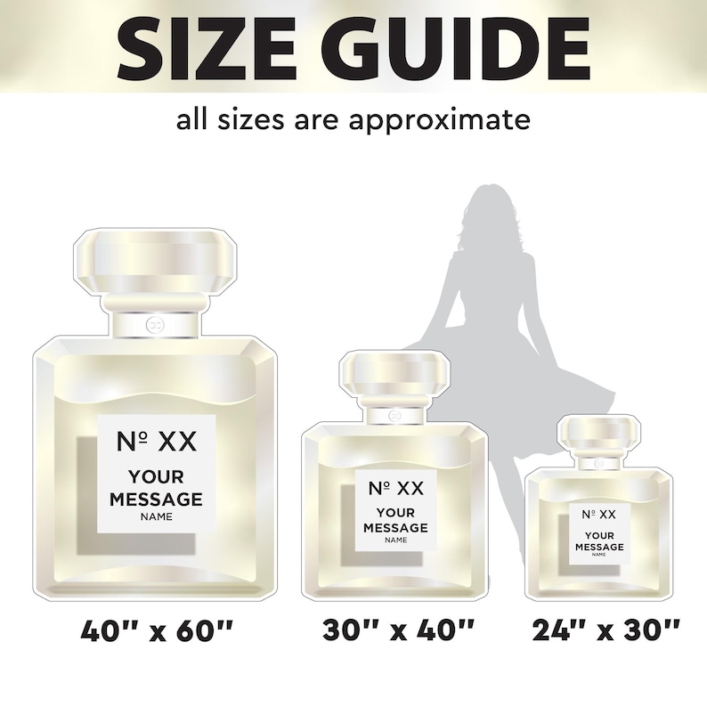 Pode incluir: Um guia de tamanhos com tr&ecirc;s ilustra&ccedil;&otilde;es de frascos de perfume em tamanhos decrescentes. Cada frasco tem um r&oacute;tulo branco com o texto 'No XX YOUR MESSAGE NAME'. As medidas indicadas s&atilde;o 40" x 60", 30" x 40" e 24" x 30".