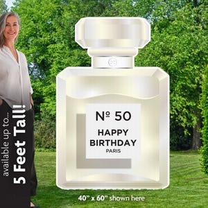 May include: A large, perfume bottle-shaped decoration with the text "Nº 50 HAPPY BIRTHDAY PARIS." The bottle is white with a light-colored liquid inside. The sign is 40" x 60" and available up to 5 feet tall.
