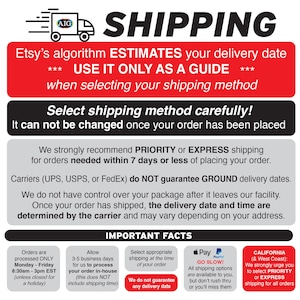 Pode incluir: Um gr&aacute;fico informativo com um &iacute;cone de caminh&atilde;o branco e o texto SHIPPING. Inclui se&ccedil;&otilde;es em vermelho, preto e cinza detalhando estimativas de entrega, pol&iacute;ticas de transportadoras, tempos de processamento e recomenda&ccedil;&otilde;es espec&iacute;ficas.