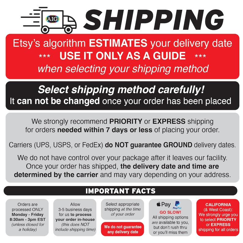 Pode incluir: Um gr&aacute;fico informativo com um &iacute;cone de caminh&atilde;o branco e o texto SHIPPING. Inclui se&ccedil;&otilde;es em vermelho, preto e cinza detalhando estimativas de entrega, pol&iacute;ticas de transportadoras, tempos de processamento e recomenda&ccedil;&otilde;es espec&iacute;ficas.