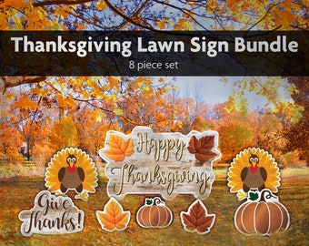 Thanksgiving Lawn Sign Kit, Turkey, Pumpkin, and Leaves (8pc), Corrugated Plastic