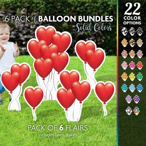 6 pc Solid Heart Balloon Sign set, Flair Yard Cards, Lawn Yard Flair Accessories, Birthday, Wedding, Baby Shower, Lawn display