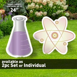 Science Beaker and Atom Signs for club events or party celebrations. This is the perfect way to celebrate loved ones achievements or to be a nice party prop for science themed events.