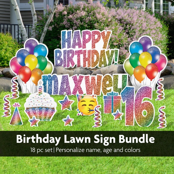 Happy Birthday Personalized Yard Sign Set Bundle, 18 pc, Lawn Signs, Indoor or Outdoor, Party Decoration, Personalized Birthday Gift