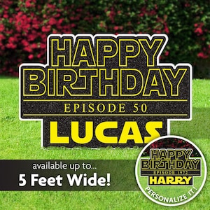 May include: Black and yellow Happy Birthday sign with the text "Episode 50" and a name, "Lucas". The sign is available up to 5 feet wide.
