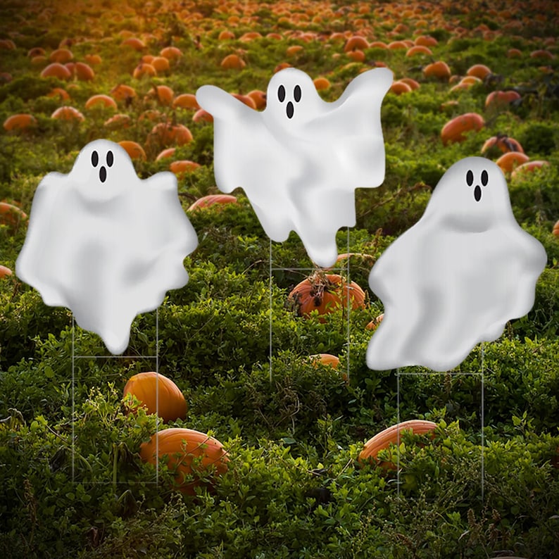 Ghost halloween decorations add that haunted feeling to any yard or holiday display. This 3 piece set of spooky ghosts are perfect to add a spooky feeling to your home decorating. Lawn signs can be used indoor or outdoor, making great party decor.