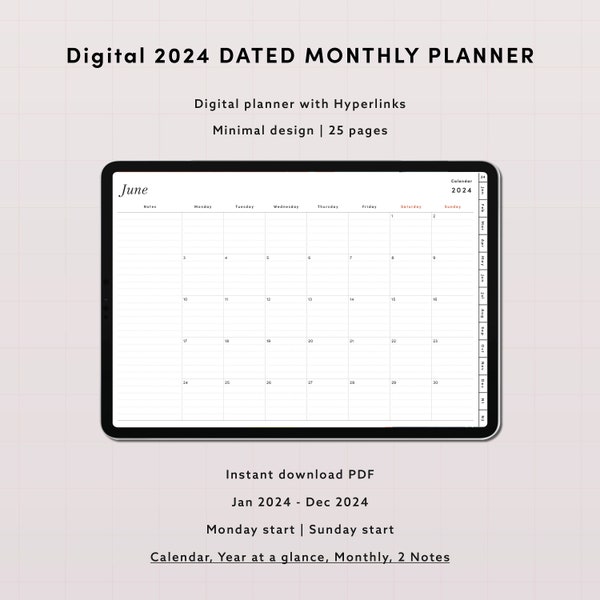 2024 dated monthly digital planner | Minimal digital monthly planner for Goodnotes, Notability