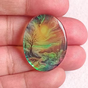 Sunset River Landscape Cabochon, Art Glass Stone Pendant (32x25x5 mm)