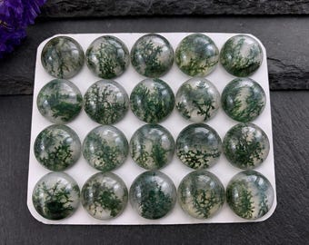 Cabochão de Ágata Musgosa 6 mm Redondo Calibrado, 5 Peças, Gema de Ágata Musgosa Natural, Cabochão com Base Plana para Fabricação de Joias (Atacado)