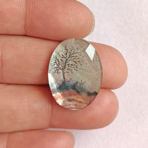 Peut inclure: Une pierre précieuse ovale avec une inclusion en forme d'arbre. La gemme présente une surface claire et facettée avec une scène de paysage en marron, vert et gris. Le motif de l'arbre est détaillé et complexe.