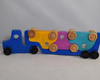Transporteur articulé avec 3 voitures en bois, Couleurs vives, Jouet traditionnel, Cadeau amusant, Pour les garçons et les filles