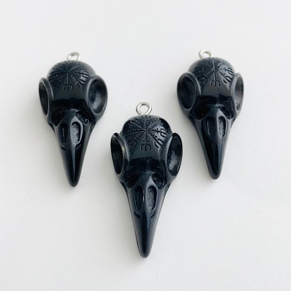 Lg Raven Skull Viking Charm Pendant (Black)