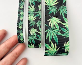 Black & Green Busy Leaves Grosgrain Ribbon 9mm/22mm/38mm Weed/Pot Leaf Ribbon