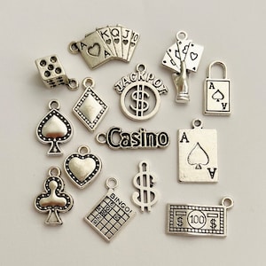 12pc Set Casino Charm Kit (Silver) Charms  - Random Mix Vegas Theme