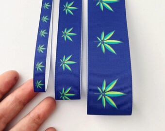 Blue Green Leaf Grosgrain Ribbon 9mm/22mm/38mm Weed/Pot Leaf Ribbon