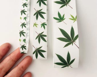 White Green Leaf Grosgrain Ribbon 9mm/22mm/38mm Weed/Pot Leaf Ribbon