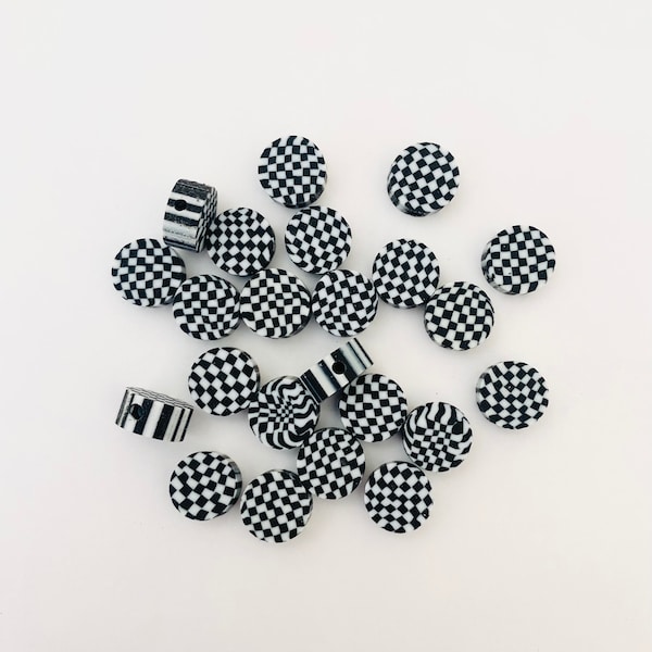 30pc Round Checkered Clay Beads (Black)