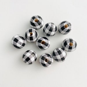 10pc White Wood Plaid Beads 16mm - White & Black
