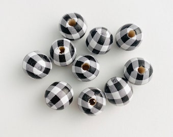 10pc White Wood Plaid Beads 16mm - White & Black