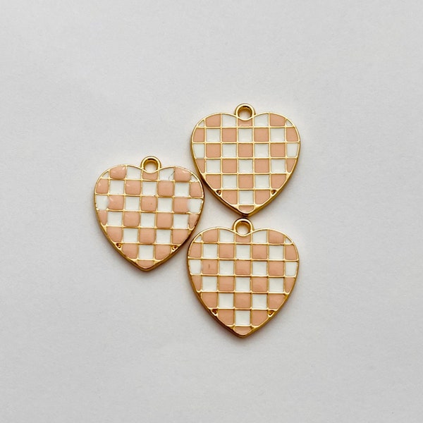 3pc Checker Pink/White & Gold Heart Charms 15mm