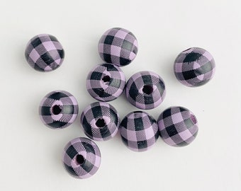 10pc Purple Wood Plaid Beads 16mm - Purple & Black
