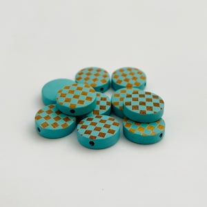 Blue Wood Checker Beads 15mm / 5 or 10 Pieces