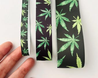 Black Green Leaf Grosgrain Ribbon 9mm/22mm/38mm Weed/Pot Leaf Ribbon