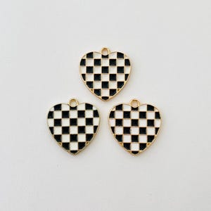 3pc Checker Black/White & Gold Heart Charms 15mm