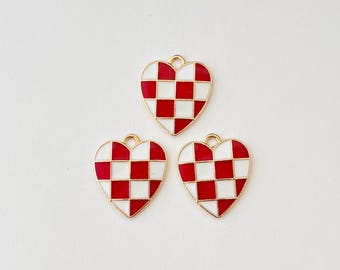 3pc Red & Gold Heart Checker Charms