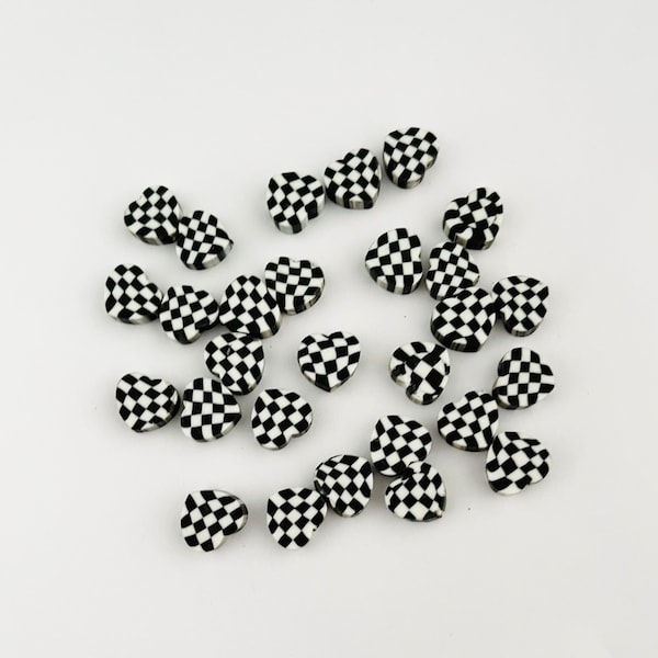 30pc Heart Checker Clay Beads (Black & White)