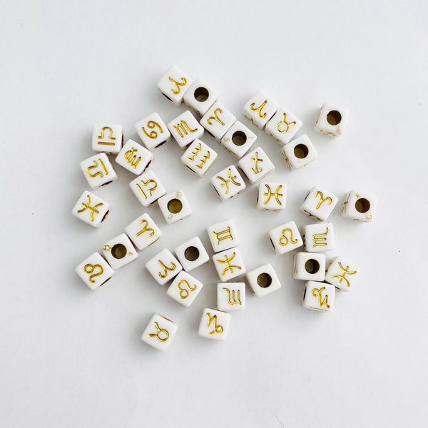 Square Zodiac Mix Spacer Beads (White & Gold)