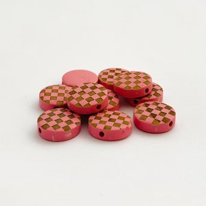 Pink Wood Checker Beads 15mm / 5 or 10 Pieces