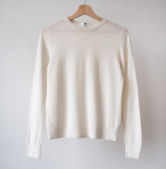 APRILANDMAYstore Uniqlo Merino Wool Sweater Jumper Natural Knitwear Scandinavian Cream Minimal Capsule Wardrobe Premium S M (P34)