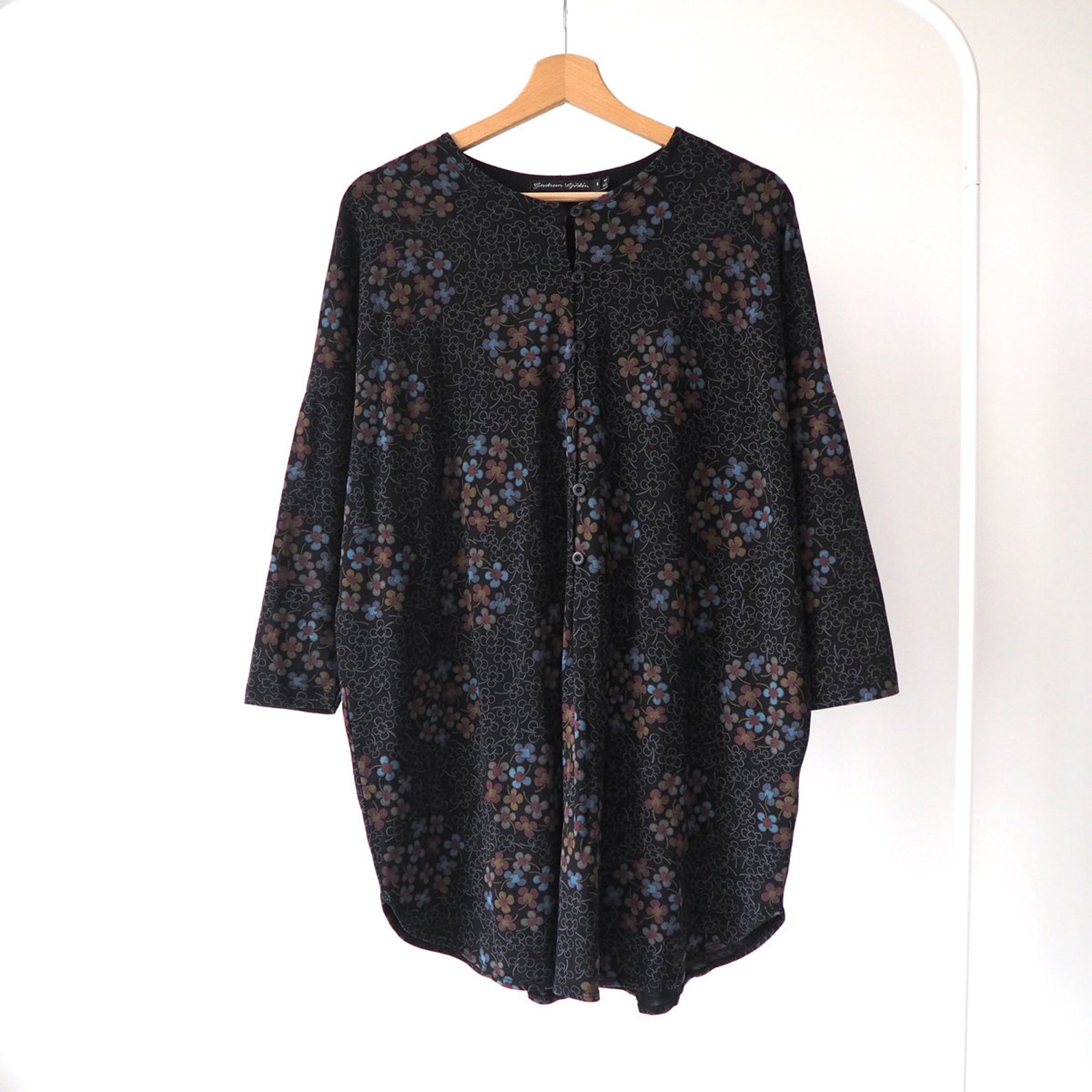 Gudrun Sjoden black floral tunic shirt blouse natural organic | Etsy