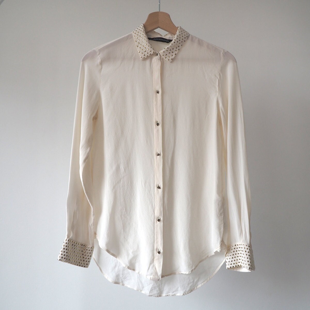 Zara Mulberry Silk Cream Studded Shirt Blouse Retro Boho Hippie