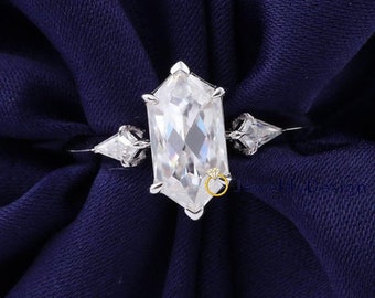 Antique 2.5 CT Hexagon Simulant Diamond Three Stone Engagement Ring 14K White Gold Ring Kite Engagement Ring Three Stone Wedding Ring