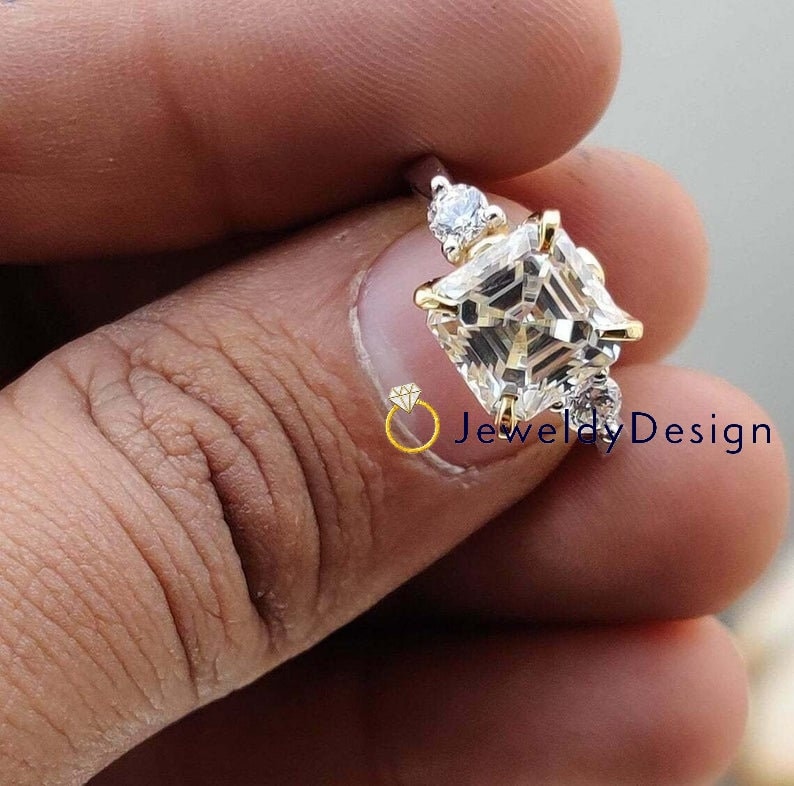 Designer Moissanite Ring,Anniversary Gift for Her 2.50Ct Asscher Cut White Moissanite Engagement Three stone Ring Solid 14k two tone Gold