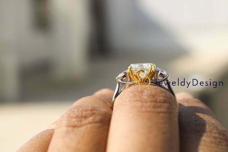 Designer Moissanite Ring,Anniversary Gift for Her 2.50Ct Asscher Cut White Moissanite Engagement Three stone Ring Solid 14k two tone Gold