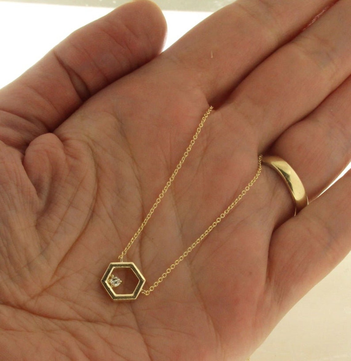 Gold Hexagon Charm Necklace Gold Hexagon Pendant Necklace Etsy