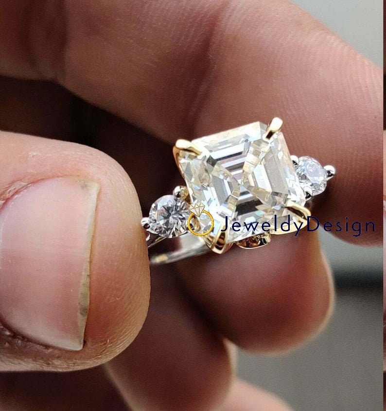 Designer Moissanite Ring,Anniversary Gift for Her 2.50Ct Asscher Cut White Moissanite Engagement Three stone Ring Solid 14k two tone Gold