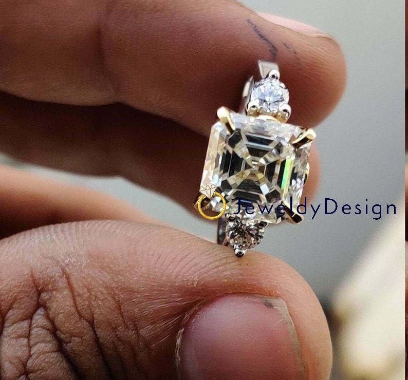 Designer Moissanite Ring,Anniversary Gift for Her 2.50Ct Asscher Cut White Moissanite Engagement Three stone Ring Solid 14k two tone Gold