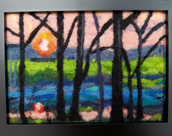 ニードルフェルトウールアート風景画、額装済みファイバーアートホームデコレーション