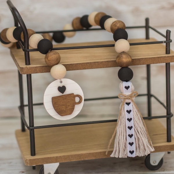 Farmhouse Coffee Cup Wood Bead Garland - Coffee Bar Decor - Tiered Tray Accessory - Country Rustic Home - Shiplap Style - Coffee Lover Gift