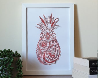 A4 Metallic Foil Pineapple Wall Art, Boho Print in Fuchsia Foil