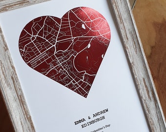 A4 Custom Metallic Foil Red Heart Shaped Map Print, Any Location Personalised Red Foil Map Print