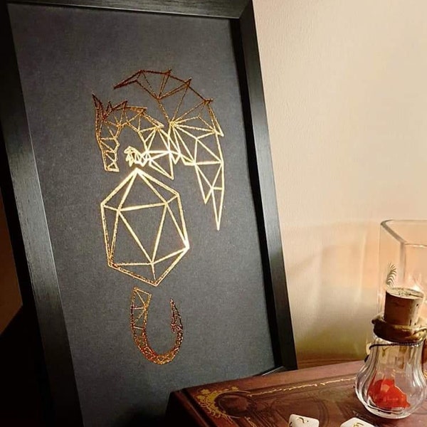 A4 Metallic Foil DnD Dice Dragon Wall Art, Fantasy Print in Copper, Gold, Silver or Rose Gold Foil