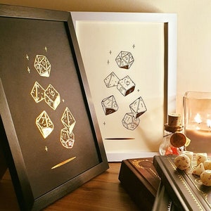 A4 Metallic Foil DnD Falling Dice Dice Wall Art, Fantasy Print in Copper, Gold, Silver or Rose Gold Foil