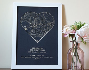 A4 Custom Metallic Foil Heart Shaped Map Print, Any Location Personalised Copper, Gold, Silver or Rose Gold Foil Map Print