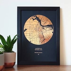 Aangepaste ronde kaartprint op A4-formaat, elke locatie gepersonaliseerde kaartprint op koper-, goud-, zilver- of roségoudfolie